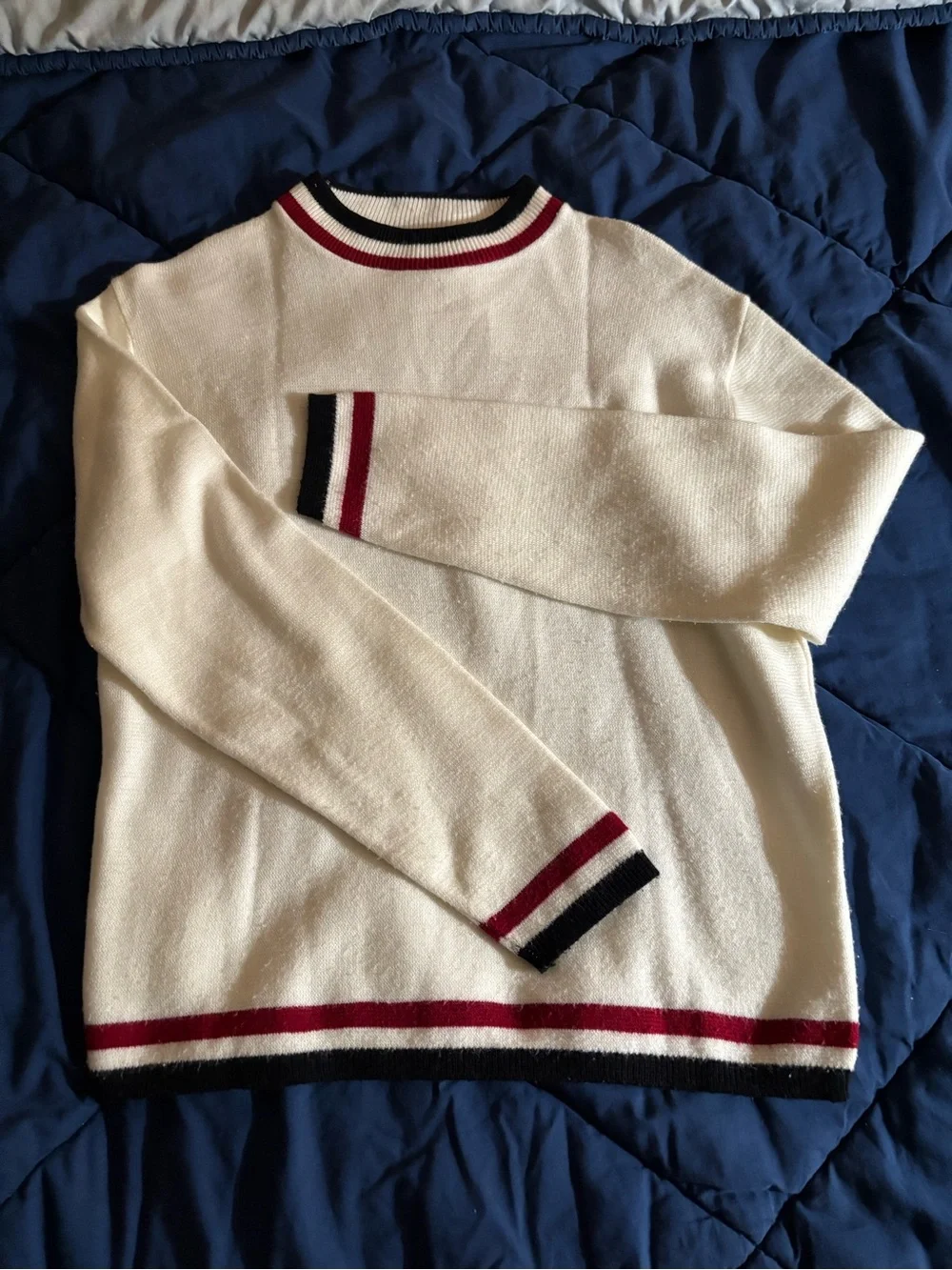 Puritan Cream Sweater with Bowling Red and Blue Strips Edge